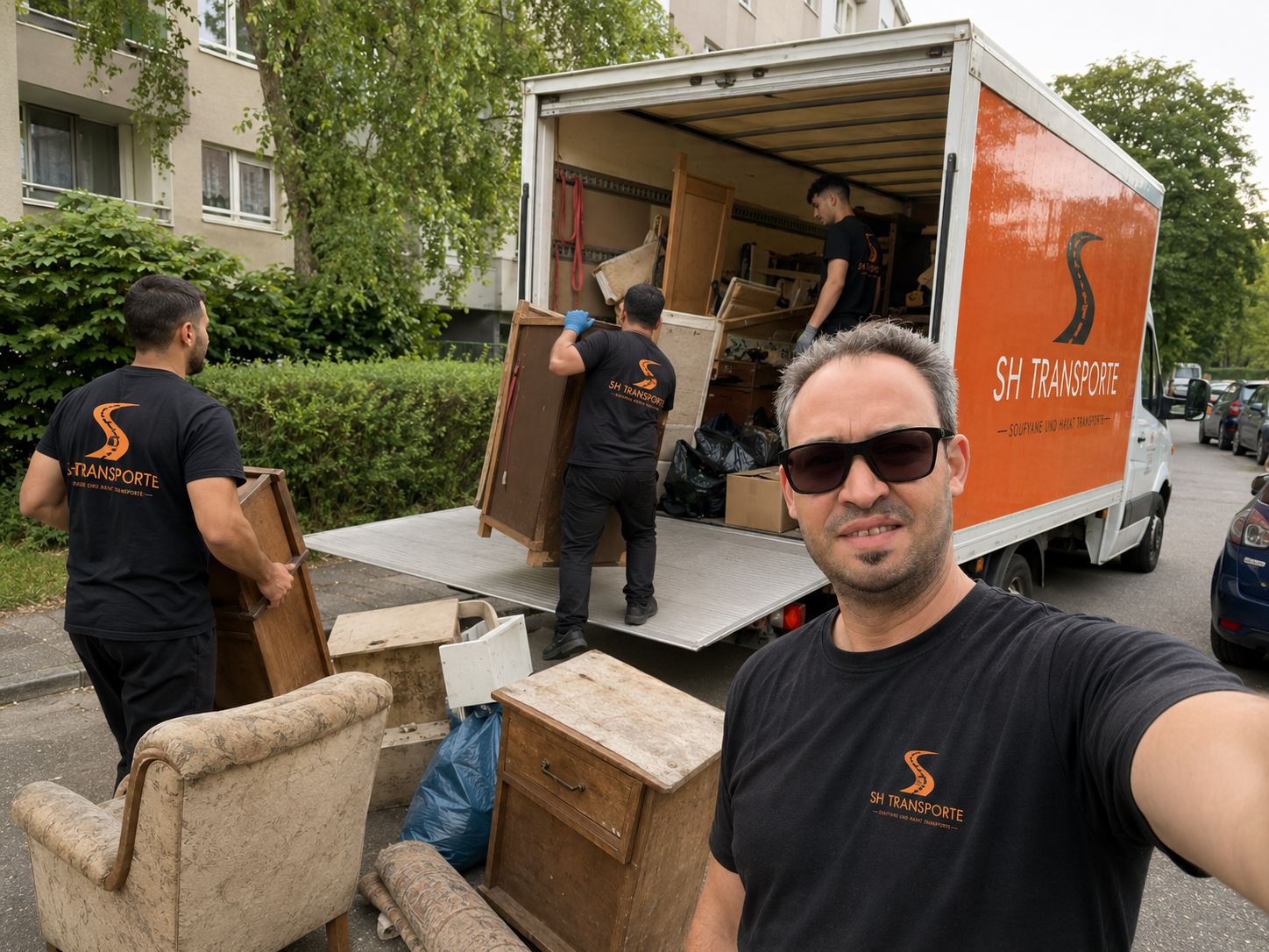 Team von SH Transporte lädt bei einer Entrümpelung alte Möbel auf den Transporter