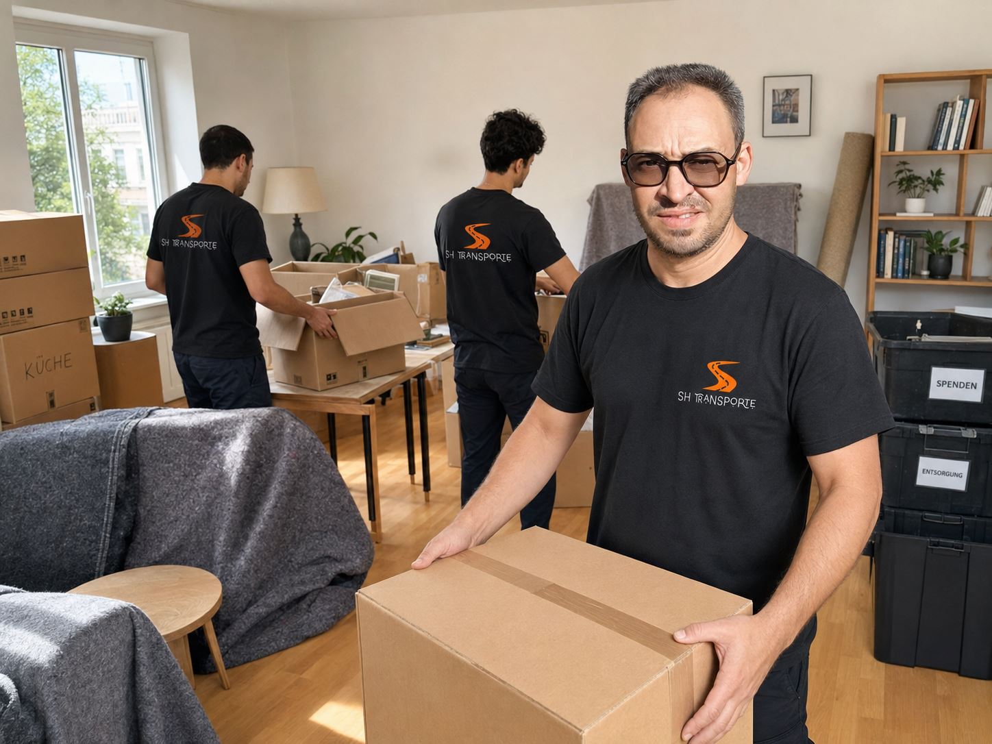 Team von SH Transporte bei einer Haushaltsauflösung mit Kartons und Sortierboxen