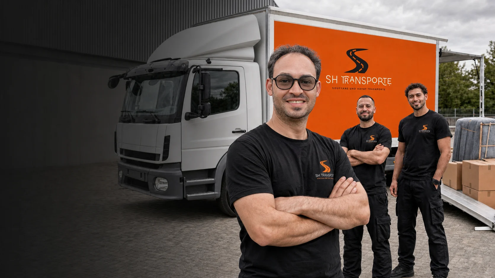 Das Team von SH Transporte vor dem orangen Transporter — Umzug, Transport und Möbelmontage
