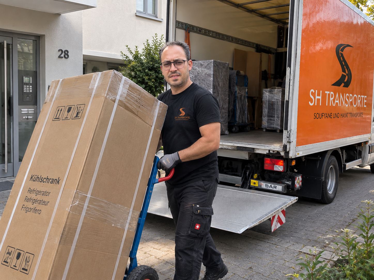 Mitarbeiter von SH Transporte transportiert einen Kühlschrank vom Transporter