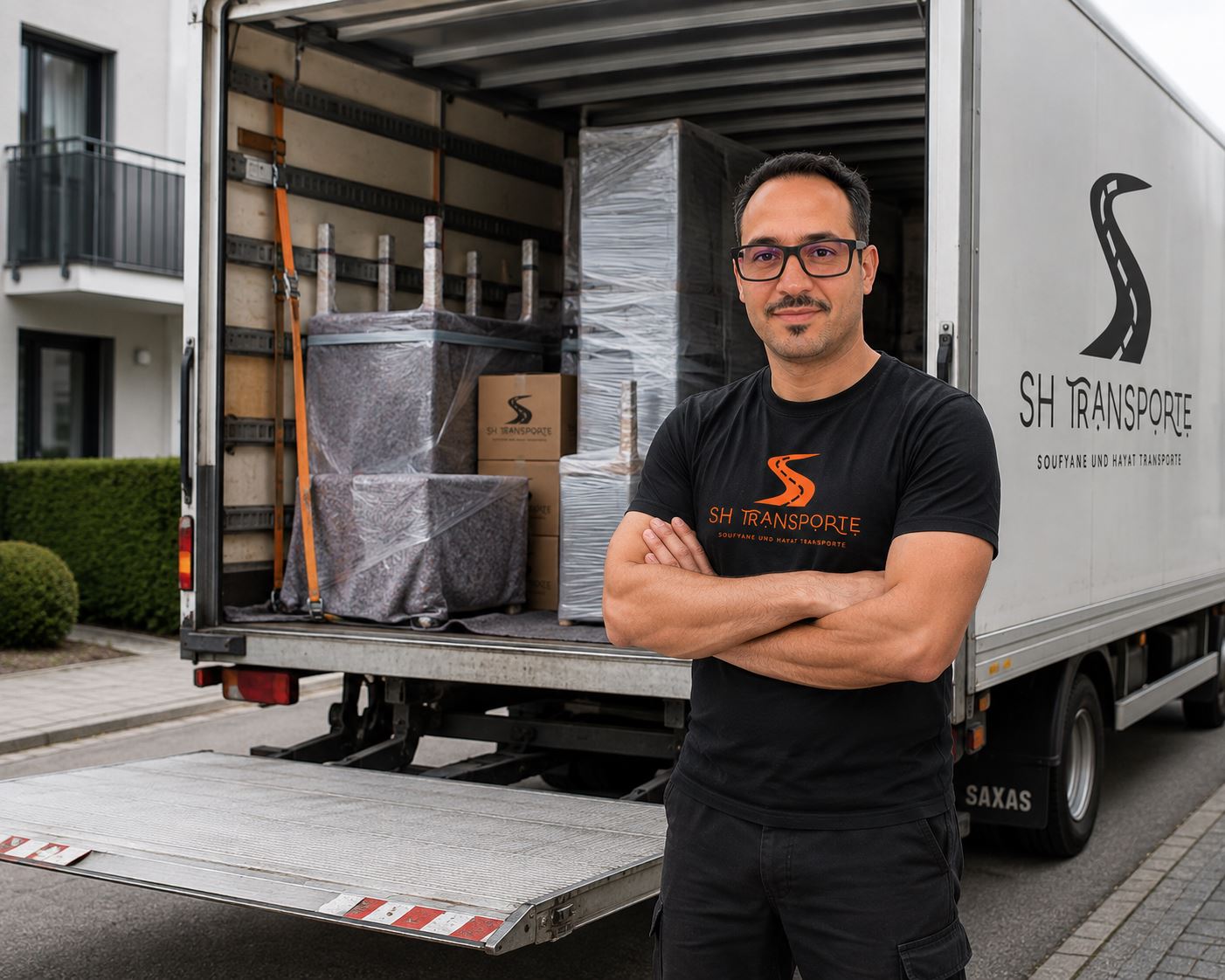SH Transporte Team vor beladenem Transporter am Umzugstag