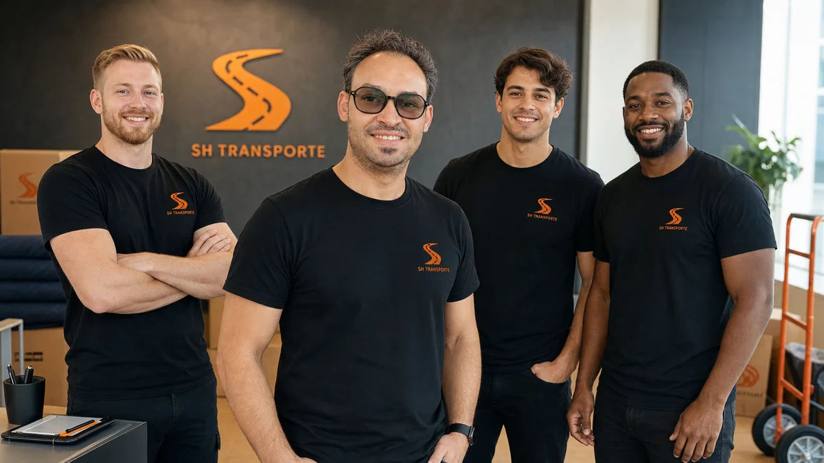 Das Team von SH Transporte vor der Firmenwand